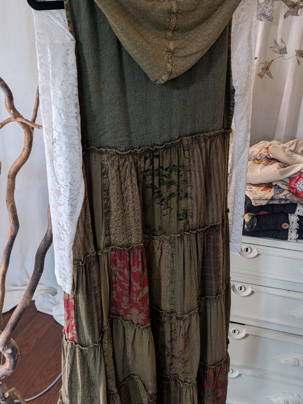 Boho Patchwork Tiered Button-Front Maxi Dress / Duster-GRAVEL(NEW COLOR) - Picture 5 of 6